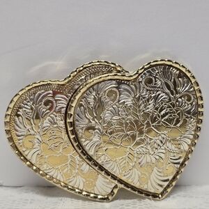 Vintage Double Heart Floral Western Belt Buckle Silver And Gold Ornate Metal USA